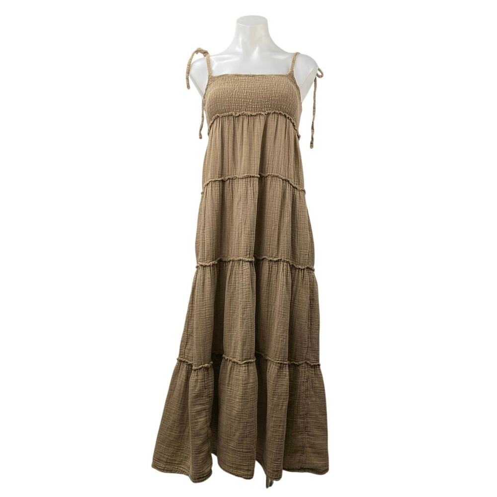 Collusion Women's Brown Tan Smocked Sleeveless Cami Tiered Sundress Maxi Dress 2